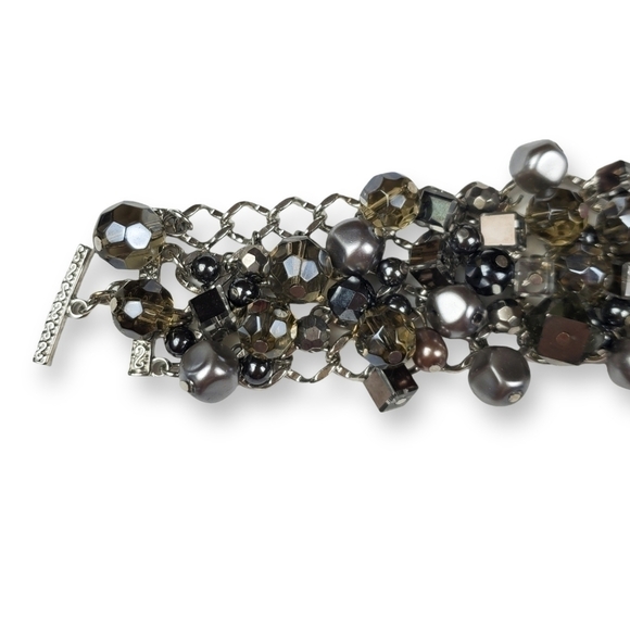 Bead Charm Chain Bracelet Wide Silver Tone Gray Taupe Vintage Premier Designs - Picture 3 of 7